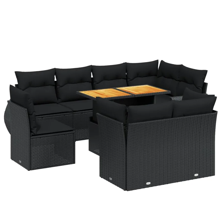 Salon de jardin 9 pcs avec coussins noir résine tressée - 2