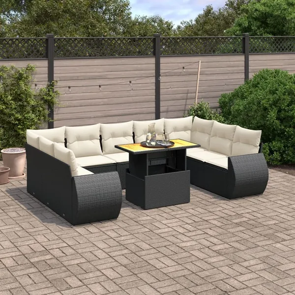 Salon de jardin 10 pcs avec coussins noir résine tressée
