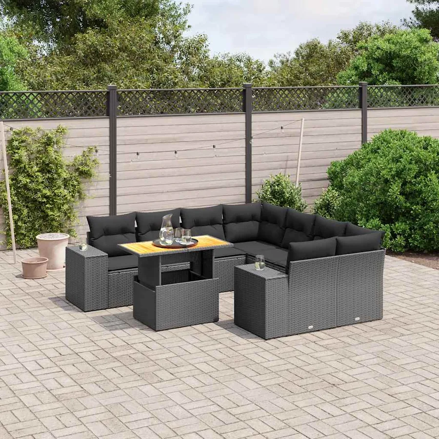 Salon de jardin 9 pcs avec coussins noir résine tressée