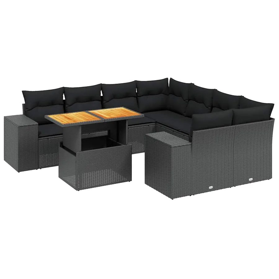 Salon de jardin 9 pcs avec coussins noir résine tressée - 2
