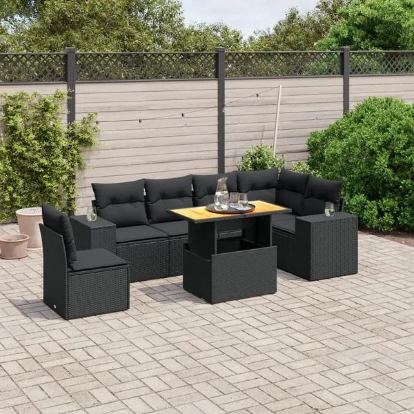 Salon de jardin 7 pcs avec coussins noir résine tressée 62 x 62 x 69 cm - 64,7 kg