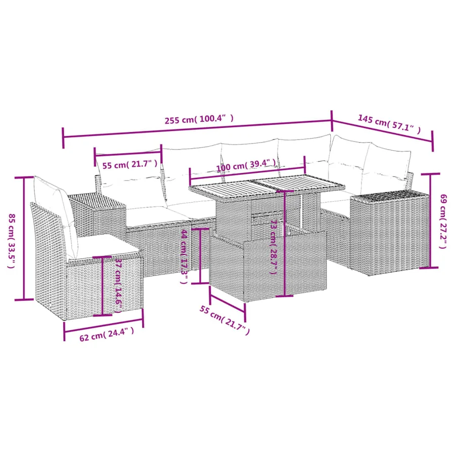 Salon de jardin 7 pcs avec coussins noir résine tressée 62 x 62 x 69 cm - 64,7 kg - 3