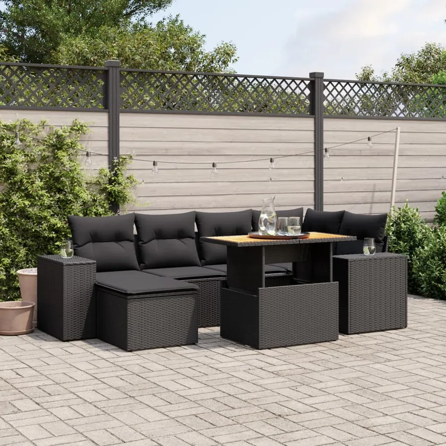 Salon de jardin 7 pcs avec coussins noir résine tressée 62 x 62 x 69 cm - 65,6 kg