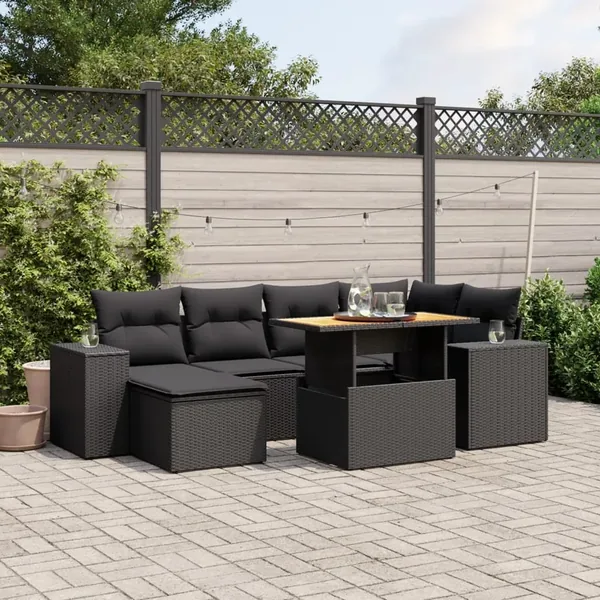 Salon de jardin 7 pcs avec coussins noir résine tressée 62 x 62 x 69 cm - 65,6 kg