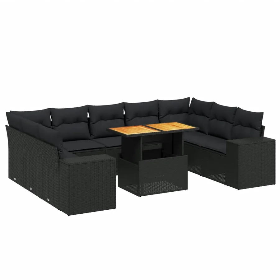Salon de jardin 10 pcs avec coussins noir résine tressée - 2