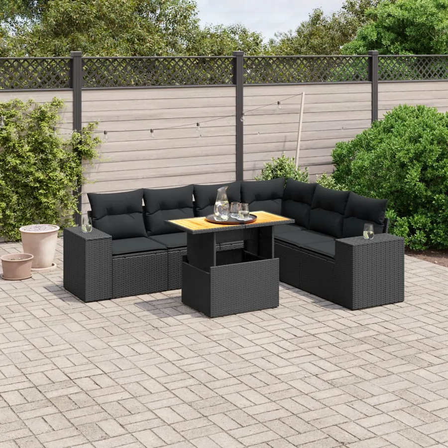 Salon de jardin 7 pcs avec coussins noir résine tressée 62 x 62 x 69 cm - 64,7 kg