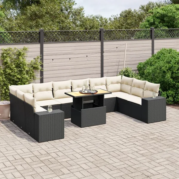 Salon de jardin 11 pcs avec coussins noir résine tressée