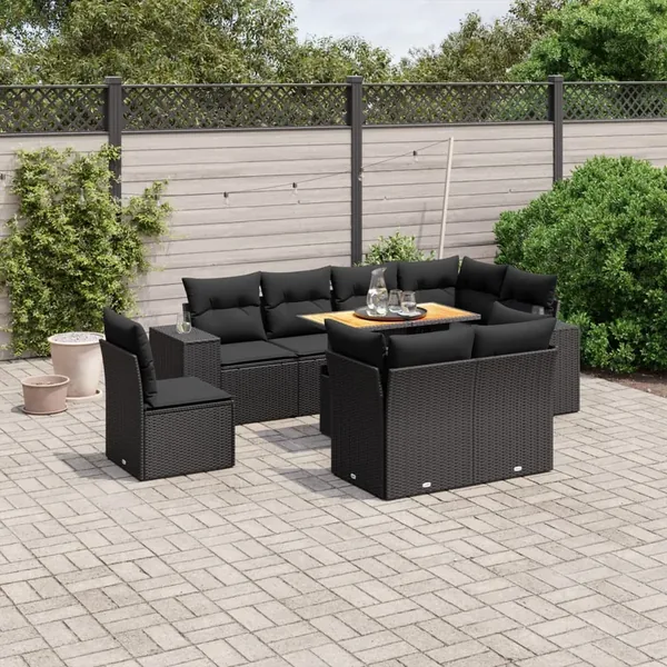 Salon de jardin 9 pcs avec coussins noir résine tressée