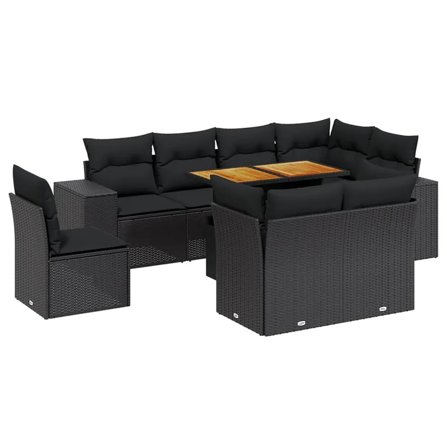 Salon de jardin 9 pcs avec coussins noir résine tressée - 2