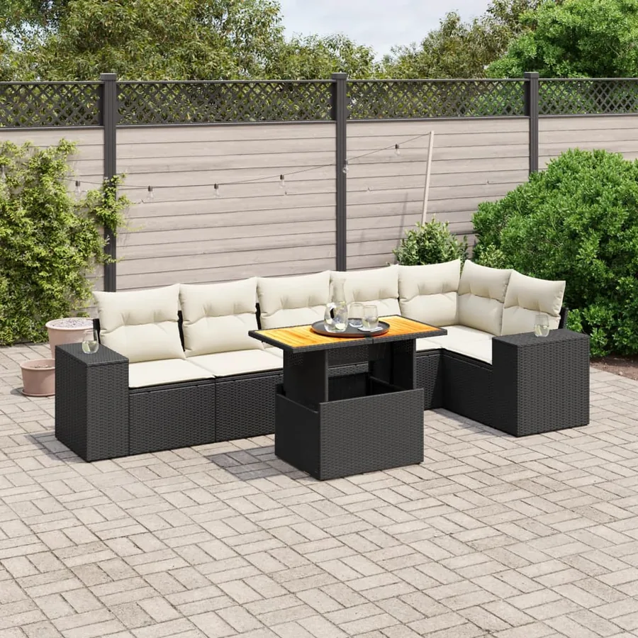 Salon de jardin 7 pcs avec coussins noir résine tressée 62 x 62 x 69 cm - 64,6 kg