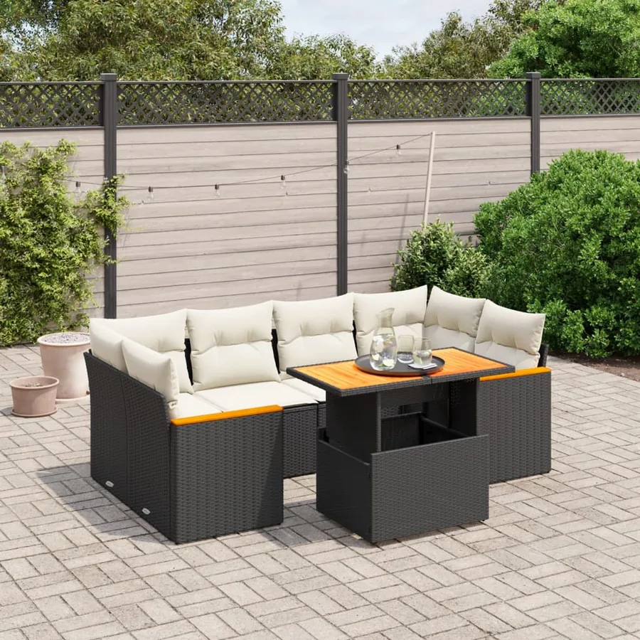 Salon de jardin 7 pcs avec coussins noir résine tressée 62 x 62 x 69 cm - 65,2 kg