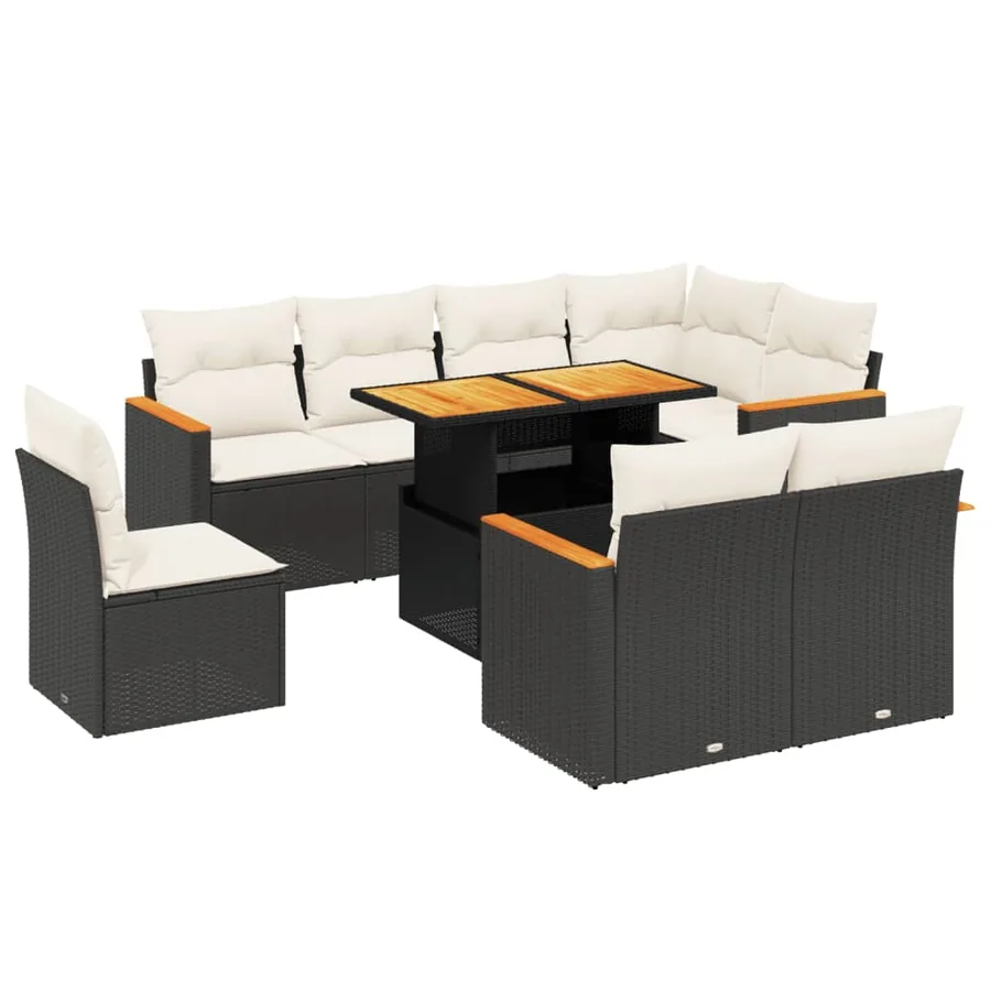 Salon de jardin 9 pcs avec coussins noir résine tressée - 2