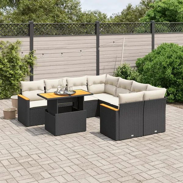 Salon de jardin 9 pcs avec coussins noir résine tressée