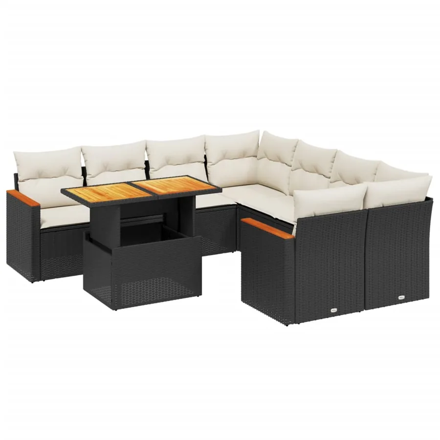 Salon de jardin 9 pcs avec coussins noir résine tressée - 2
