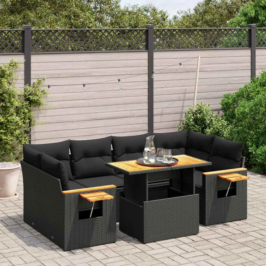 Salon de jardin 7 pcs avec coussins noir résine tressée 62 x 62 x 69 cm - 67,7 kg