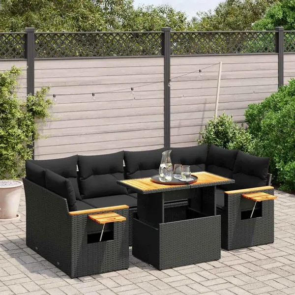 Salon de jardin 7 pcs avec coussins noir résine tressée 62 x 62 x 69 cm - 67,7 kg
