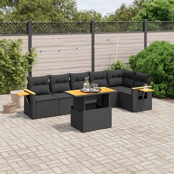 Salon de jardin 7 pcs avec coussins noir résine tressée 55 x 62 x 69 cm - 63,9 kg