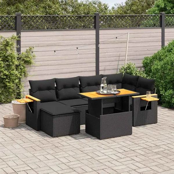 Salon de jardin 7 pcs avec coussins noir résine tressée 55 x 62 x 69 cm - 64,8 kg