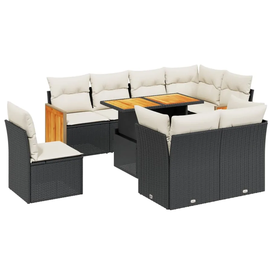 Salon de jardin 9 pcs avec coussins noir résine tressée - 2