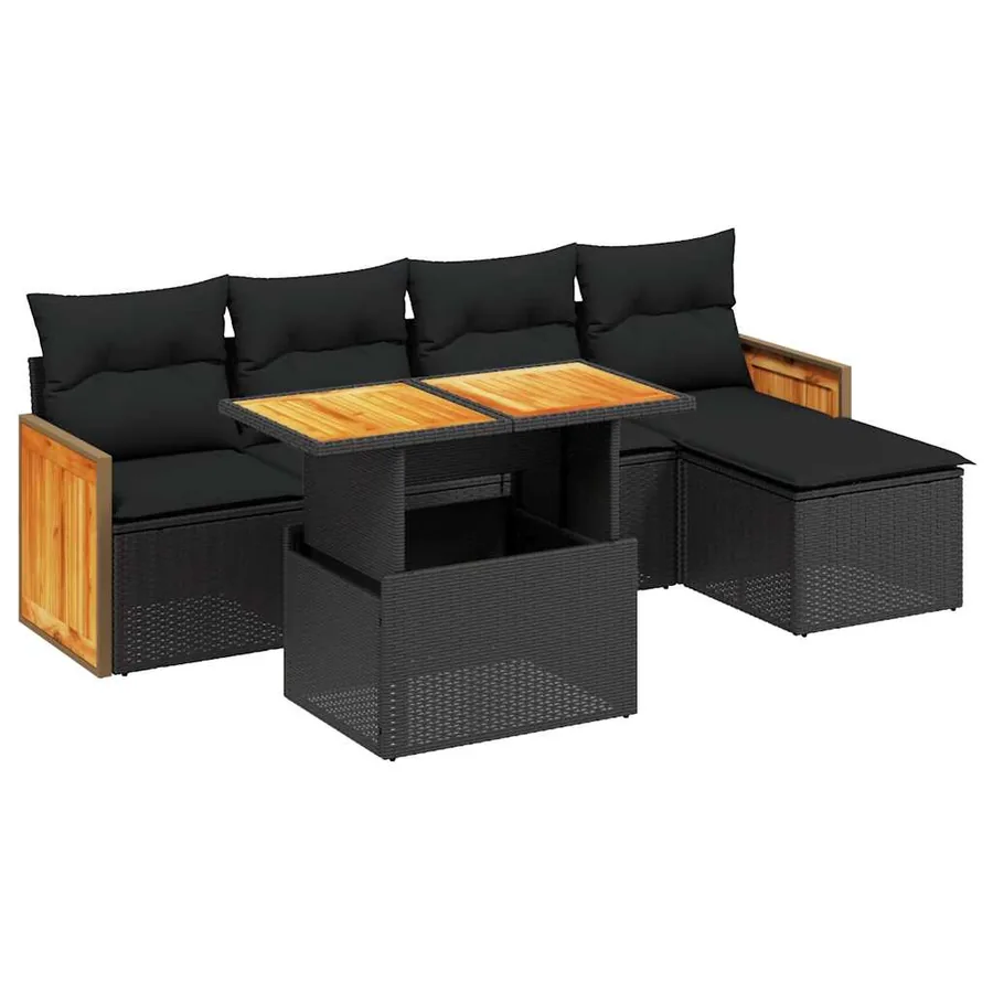 Salon de jardin 6 pcs avec coussins noir résine tressée - 2