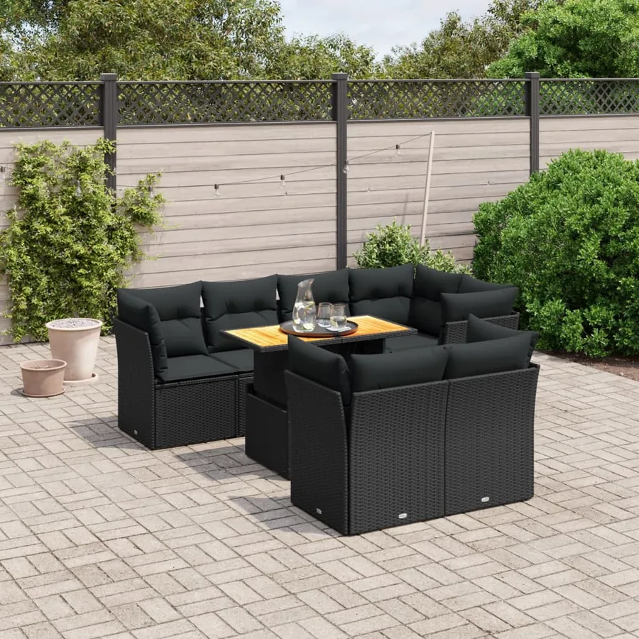 Salon de jardin 8 pcs avec coussins noir résine tressée