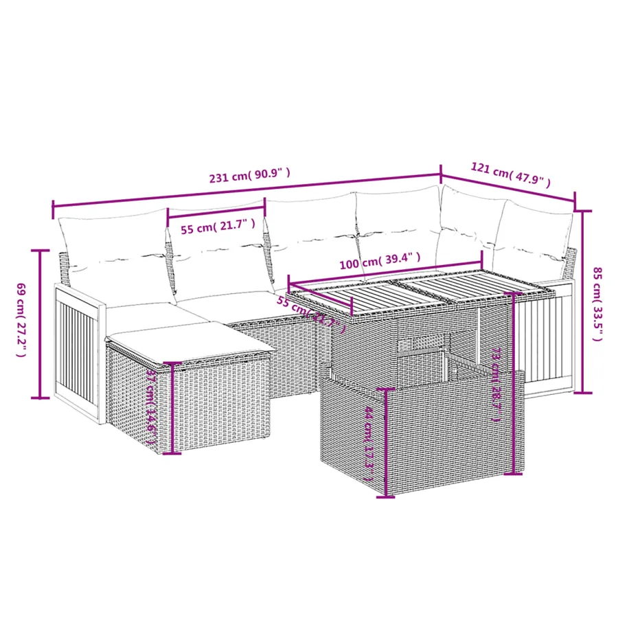 Salon de jardin 7 pcs avec coussins noir résine tressée 55 x 62 x 69 cm - 65,3 kg - 3