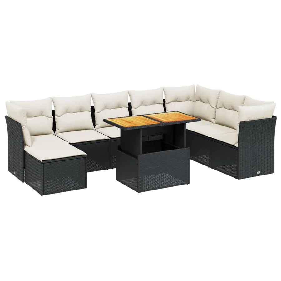 Salon de jardin 9 pcs avec coussins noir résine tressée - 2