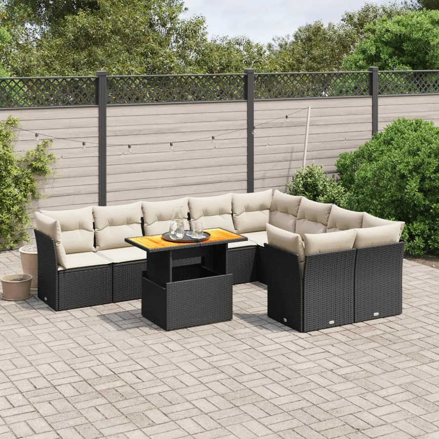 Salon de jardin 10 pcs avec coussins noir résine tressée