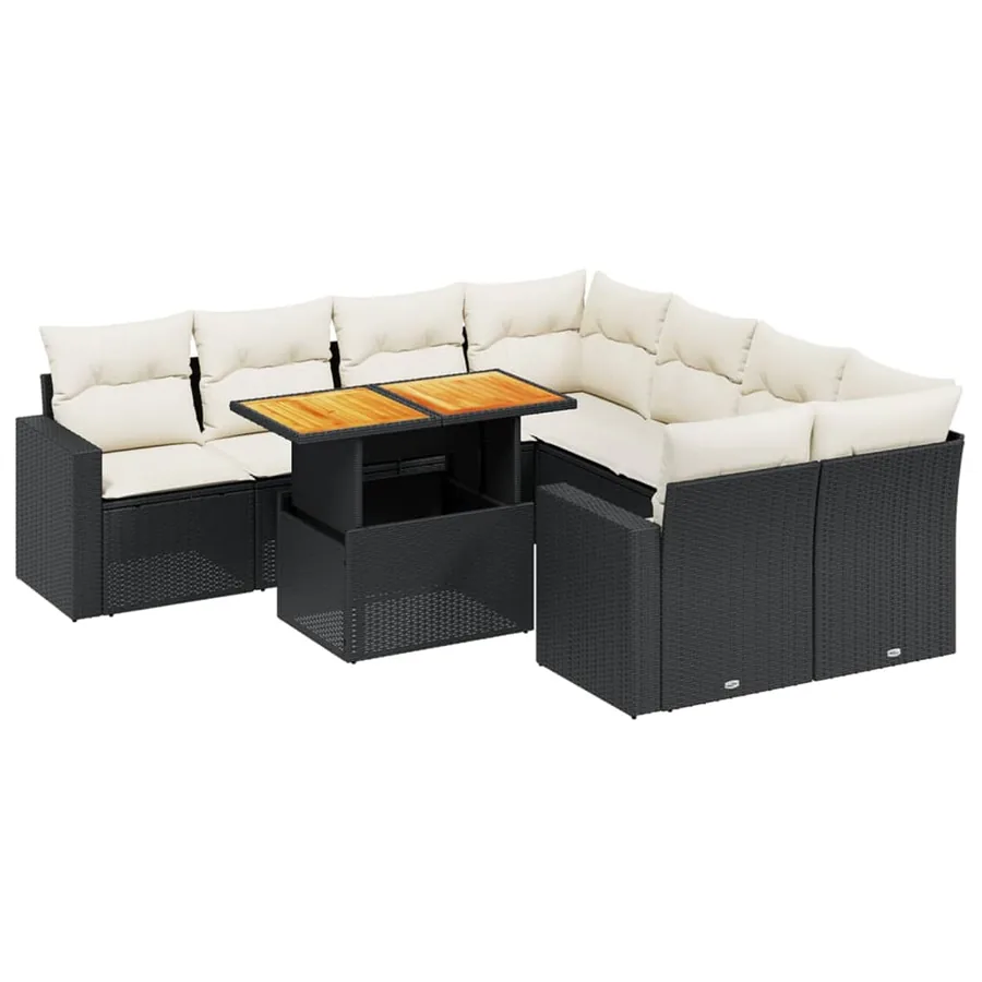 Salon de jardin 9 pcs avec coussins noir résine tressée - 2