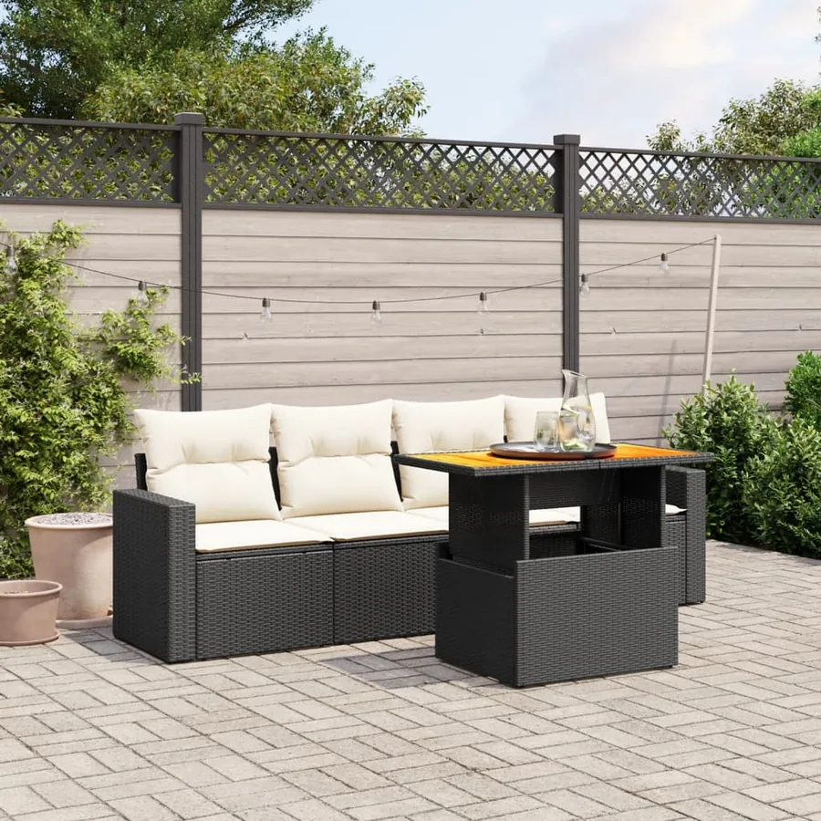 Salon de jardin 5 pcs avec coussins noir résine tressée