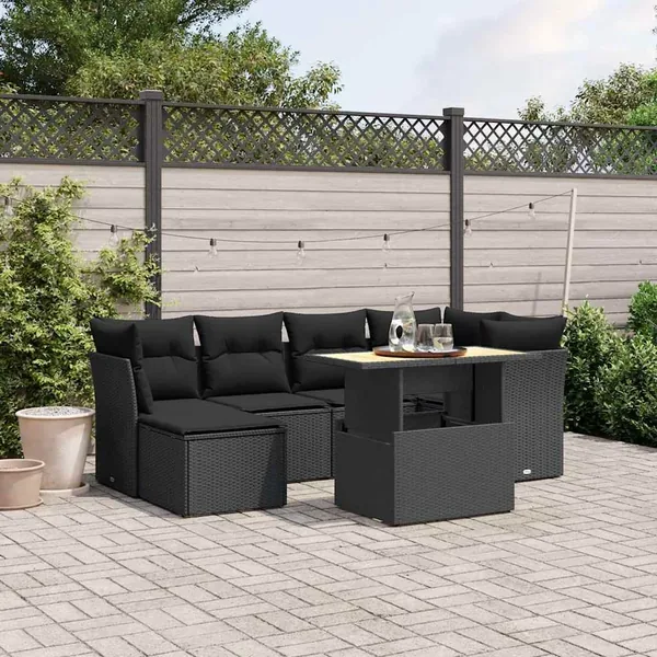 Salon de jardin 7 pcs avec coussins noir résine tressée 55 x 62 x 69 cm - 63,9 kg