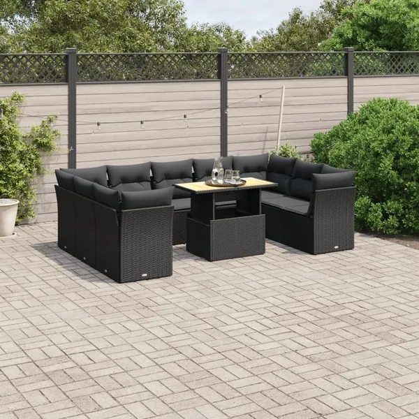Salon de jardin 10 pcs avec coussins noir résine tressée