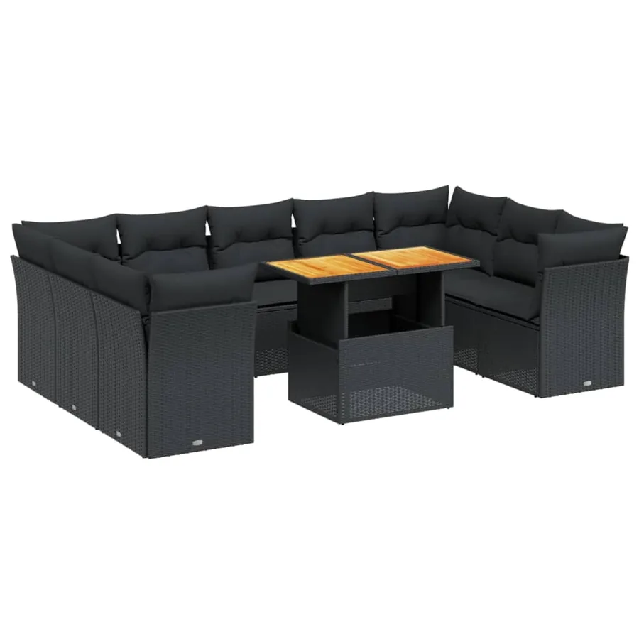 Salon de jardin 10 pcs avec coussins noir résine tressée - 2