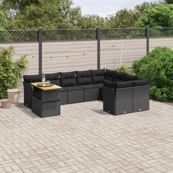 Salon de jardin 10 pcs avec coussins noir résine tressée
