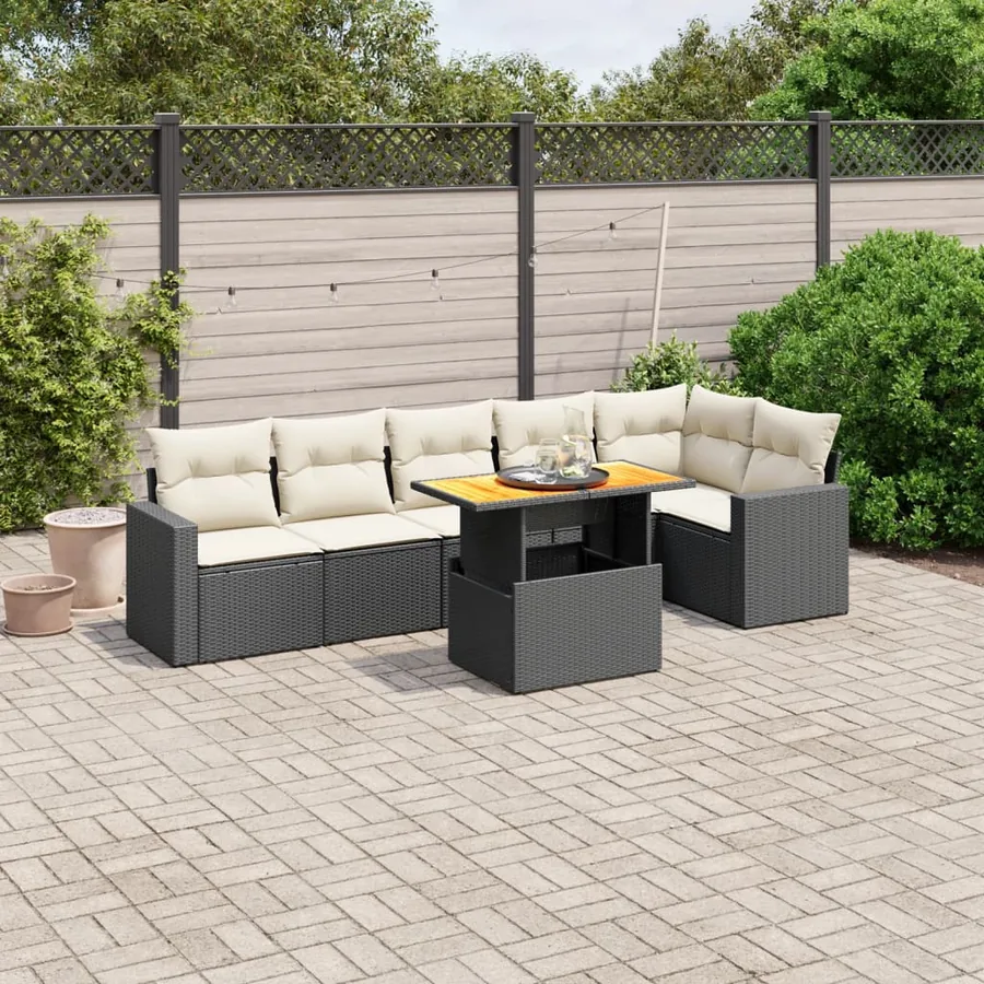 Salon de jardin 7 pcs avec coussins noir résine tressée 62 x 62 x 69 cm - 61,6 kg
