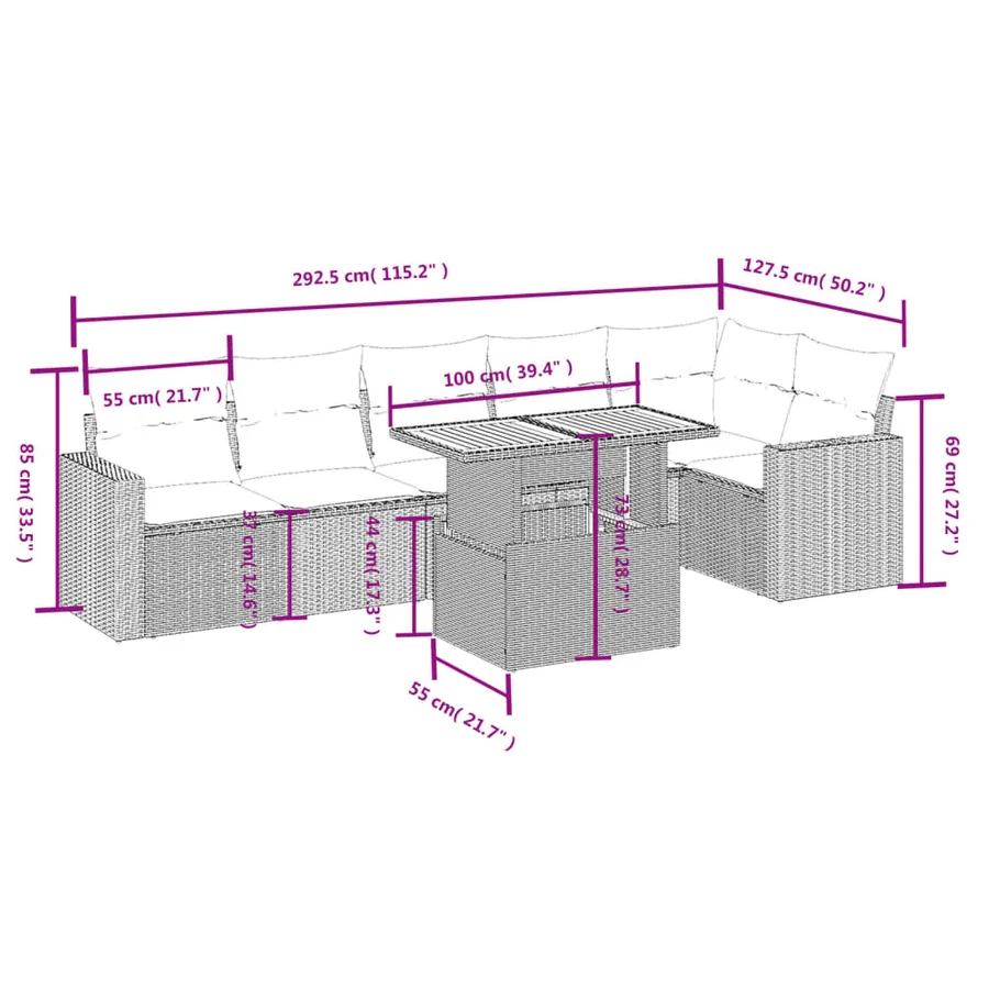 Salon de jardin 7 pcs avec coussins noir résine tressée 62 x 62 x 69 cm - 61,6 kg - 3