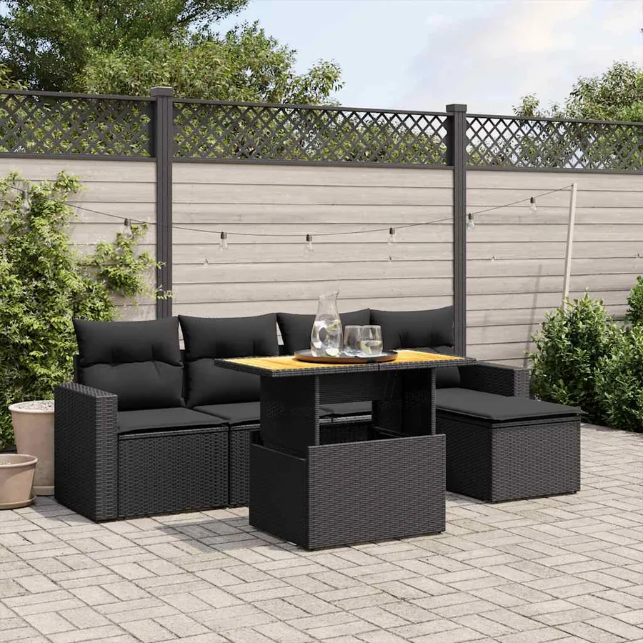 Salon de jardin 6 pcs avec coussins noir résine tressée
