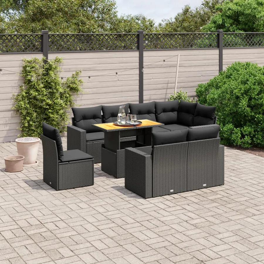 Salon de jardin 9 pcs avec coussins noir résine tressée