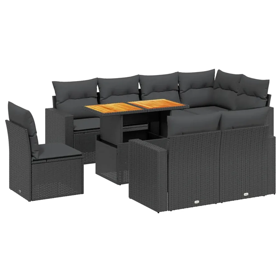 Salon de jardin 9 pcs avec coussins noir résine tressée - 2