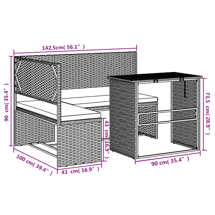 Canapé de jardin avec table et coussins en forme de L noir - 8