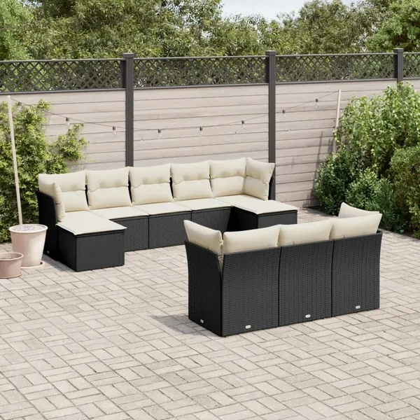 Salon de jardin 10 pcs avec coussins noir résine tressée