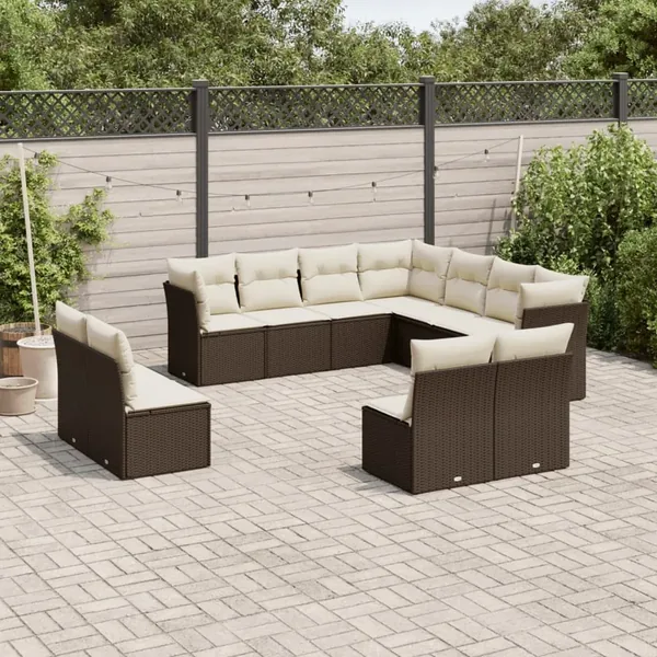 Salon de jardin et coussins 11 pcs marron résine tressée