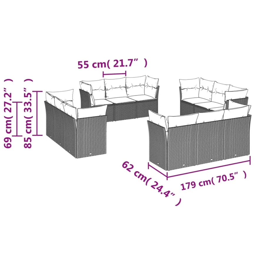 Salon de jardin avec coussins 12 pcs marron résine tressée - 3