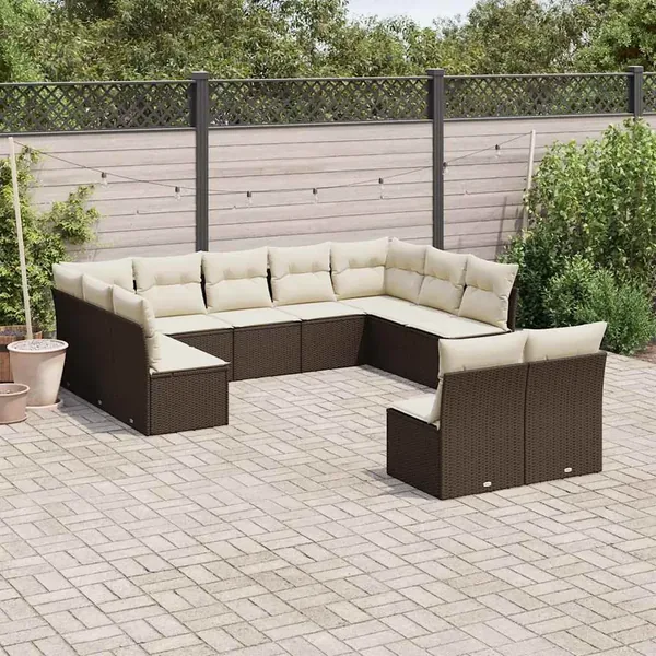 Salon de jardin et coussins 11 pcs marron résine tressée