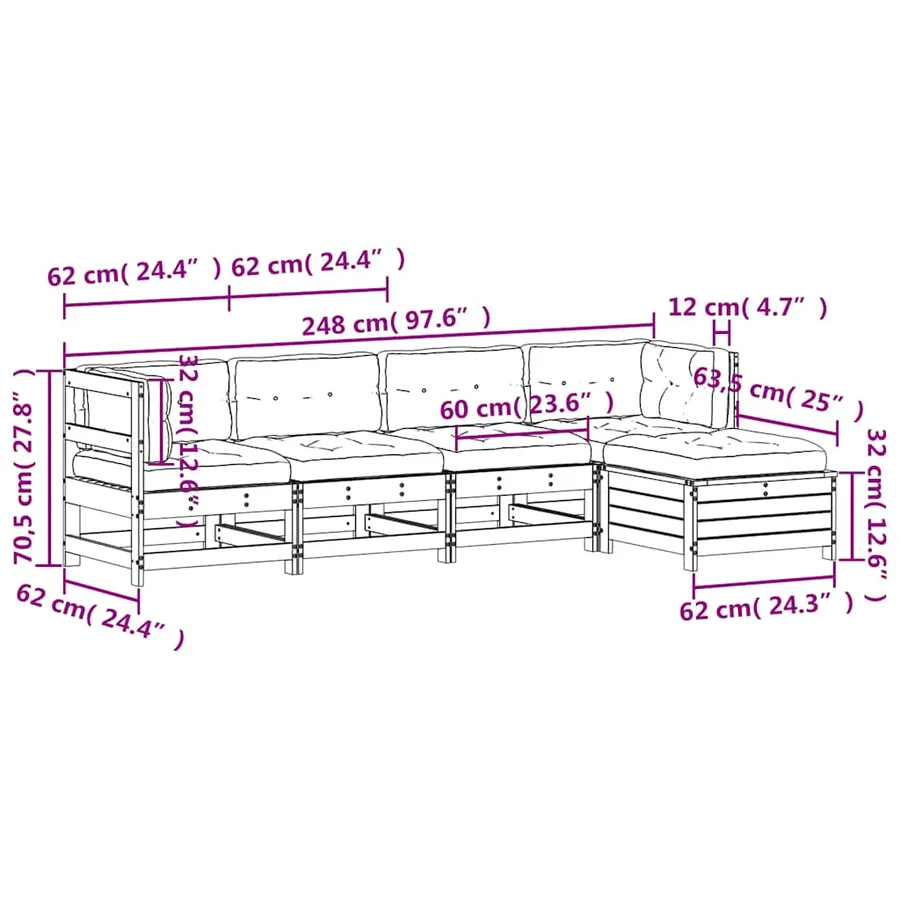 Salon de jardin 5 pcs avec coussins blanc bois massif de pin - 10