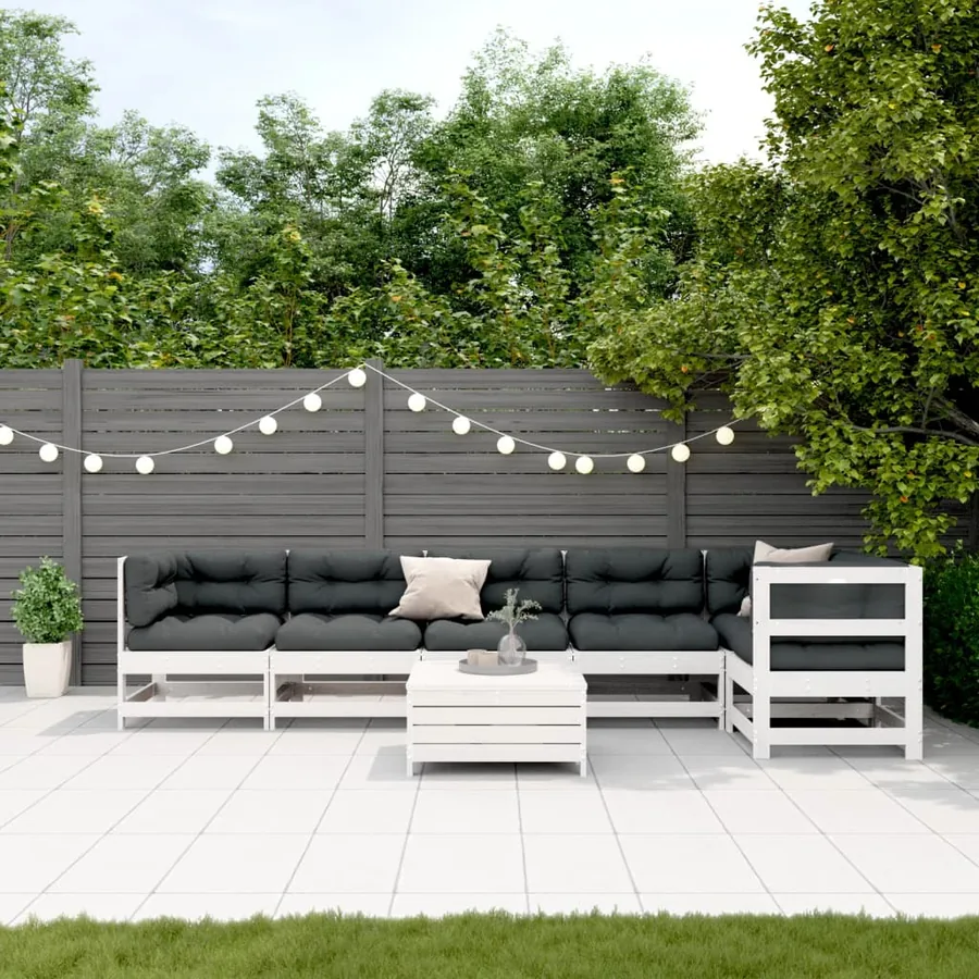 Salon de jardin 7 pcs avec coussins blanc bois de pin massif