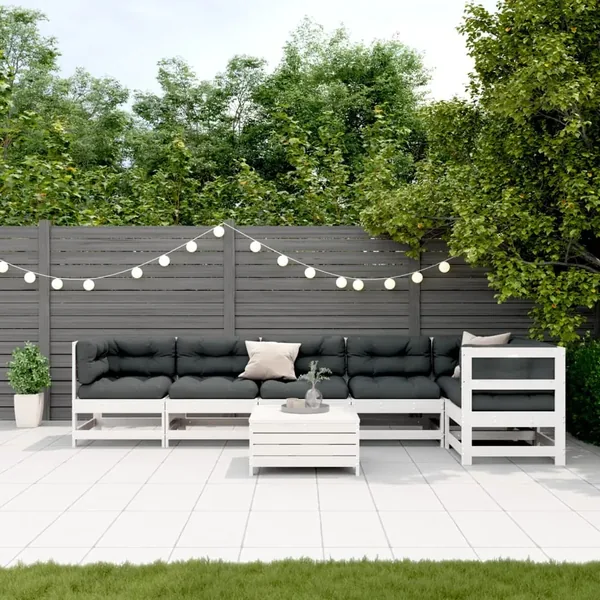 Salon de jardin 7 pcs avec coussins blanc bois de pin massif