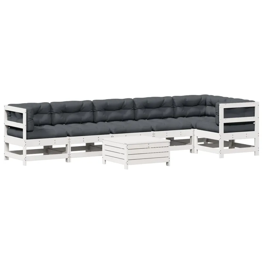 Salon de jardin 7 pcs avec coussins blanc bois de pin massif - 2