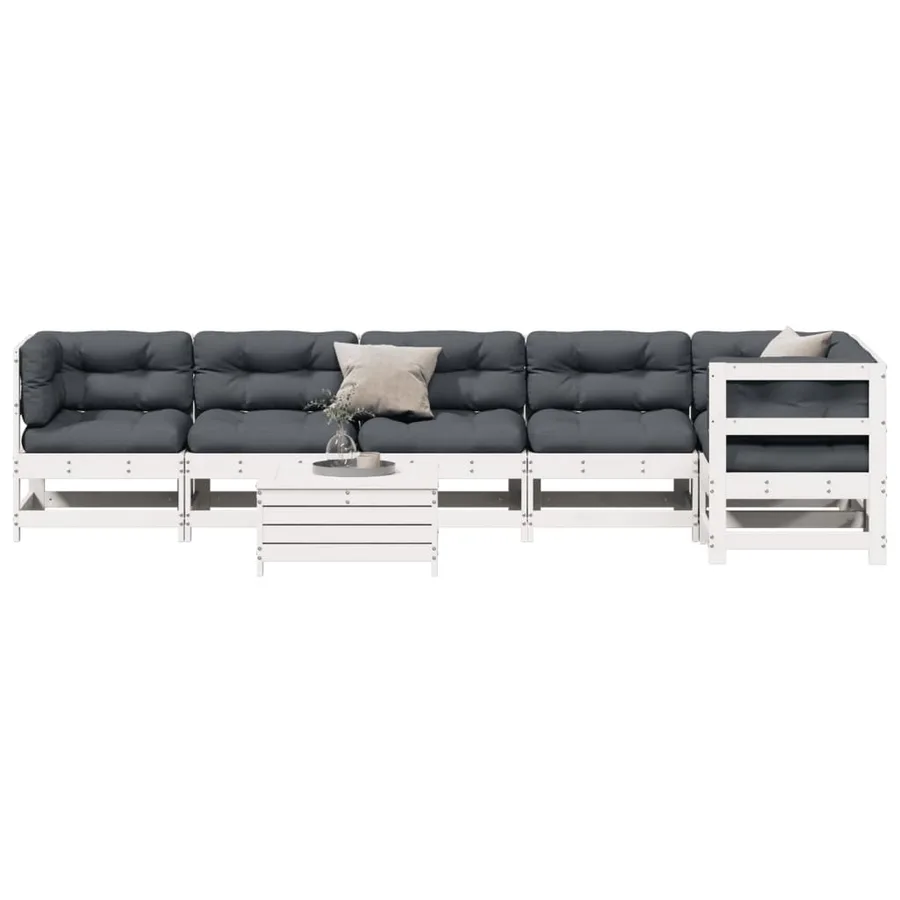 Salon de jardin 7 pcs avec coussins blanc bois de pin massif - 3