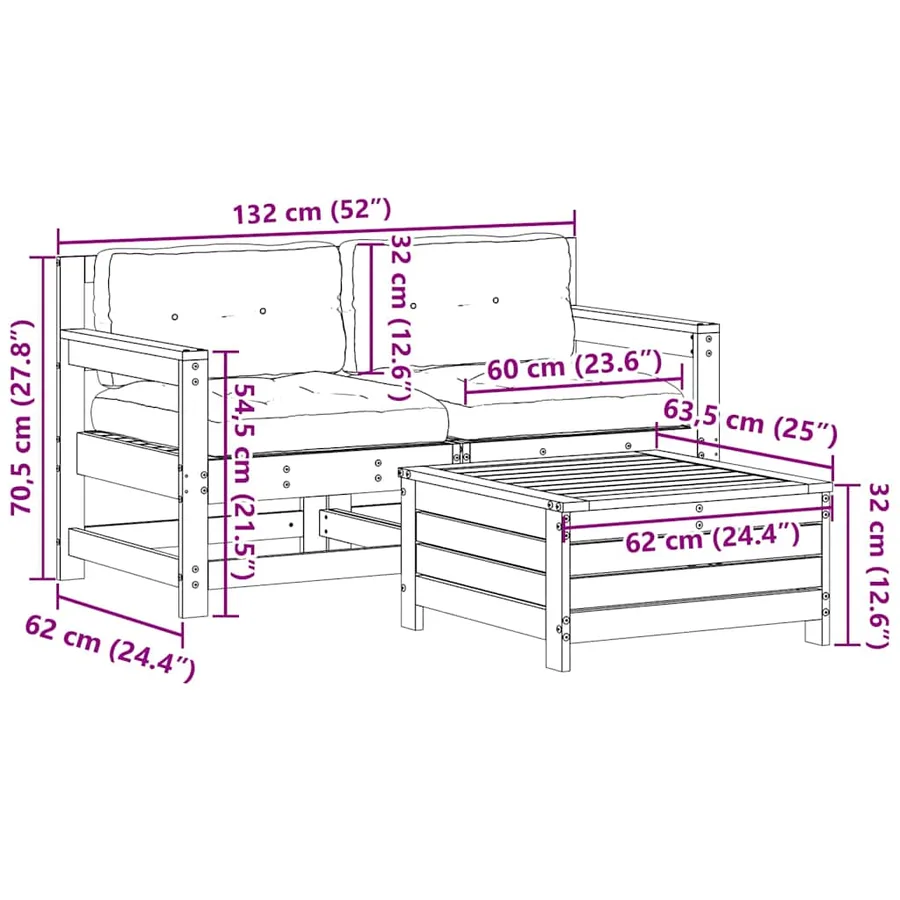 Salon de jardin 3 pcs avec coussins Bois de pin massif - 9